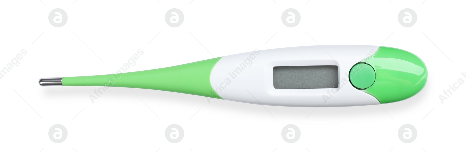 Photo of Digital thermometer on white background, top view. Medical device