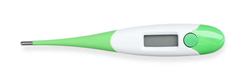 Digital thermometer on white background, top view. Medical device