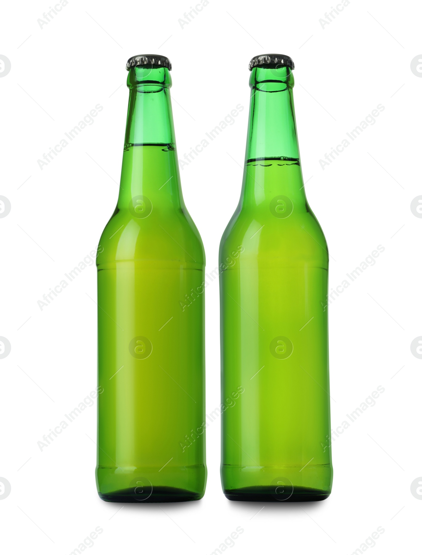 Photo of Green bottles with beer isolated on white