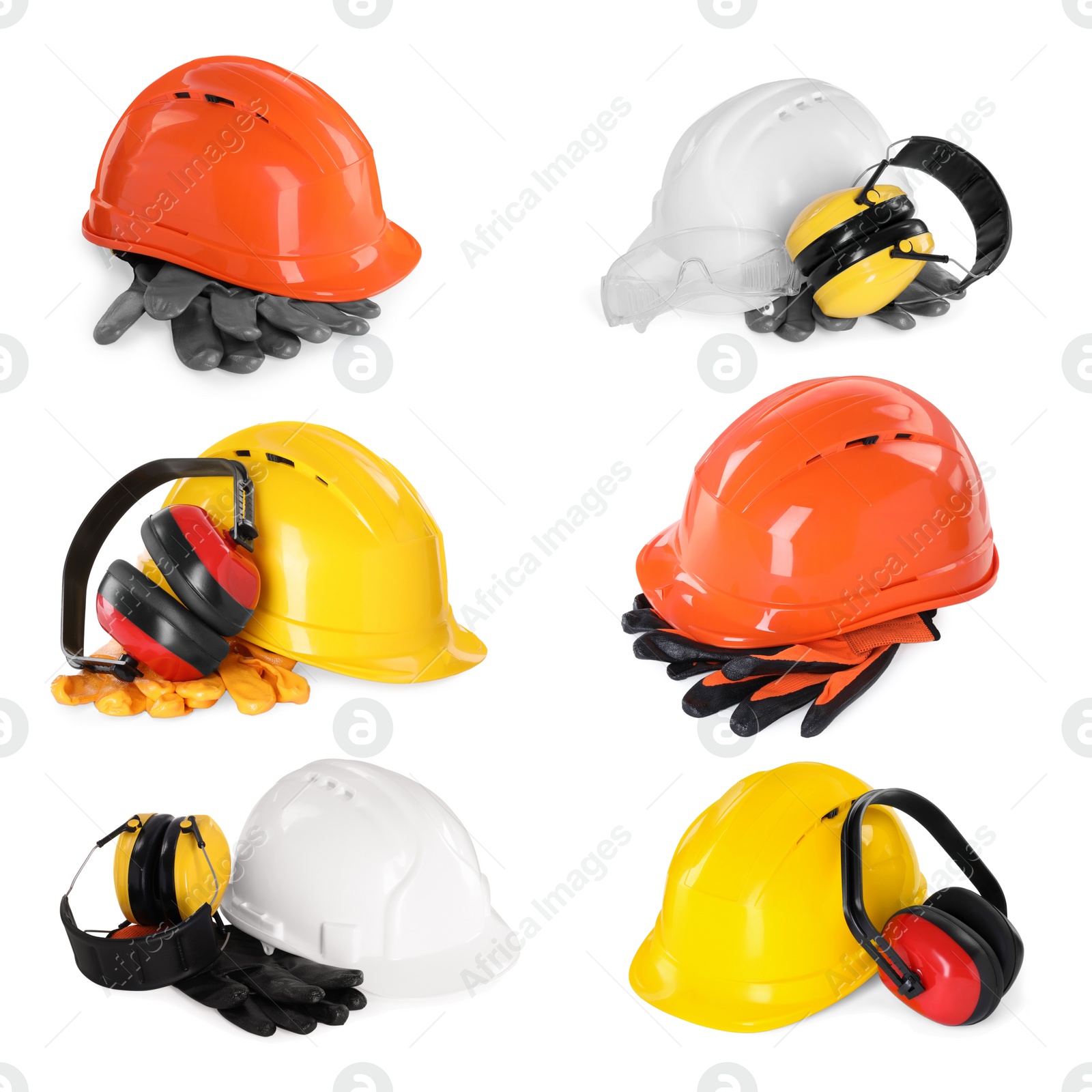 Image of Safety equipment, collection. Hard hats, gloves, protective headphones and goggles isolated on white