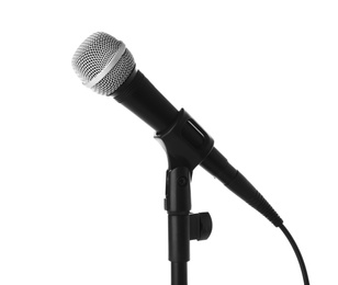 Photo of Dynamic microphone on white background. Professional audio equipment