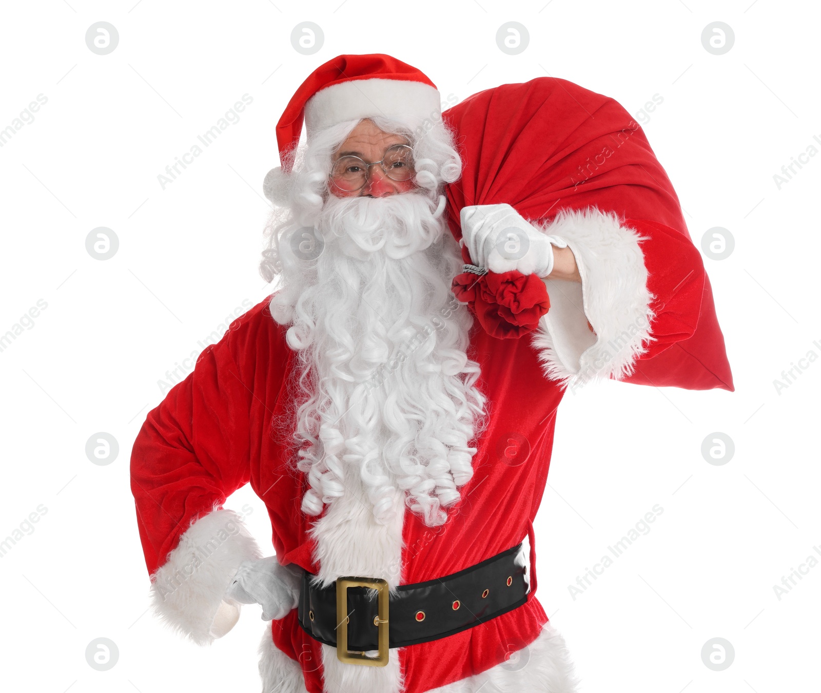 Photo of Man in Santa Claus costume with bag posing on white background