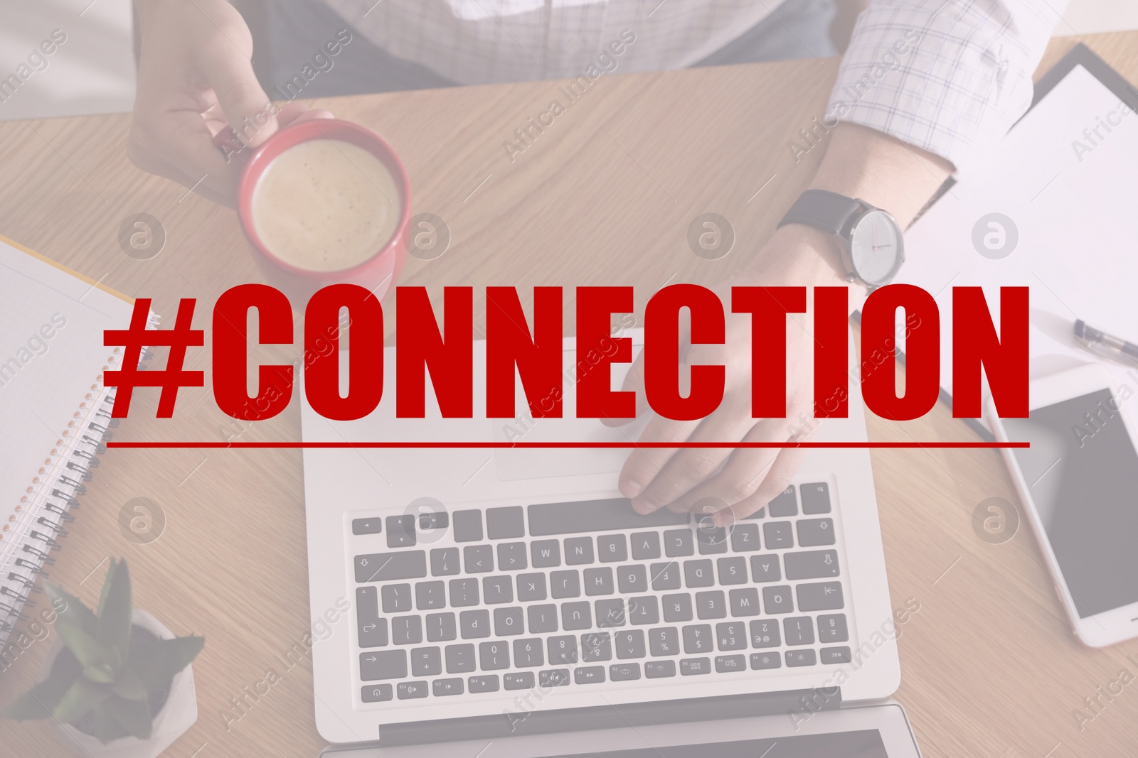 Image of Hashtag Connection. Man working on laptop at wooden table, top view