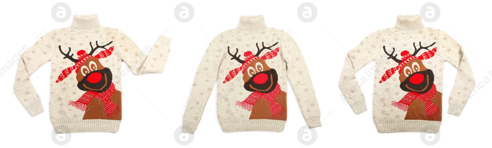 Image of Collage with warm Christmas sweater on white background. Banner design