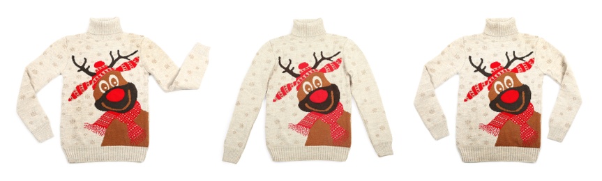 Collage with warm Christmas sweater on white background. Banner design