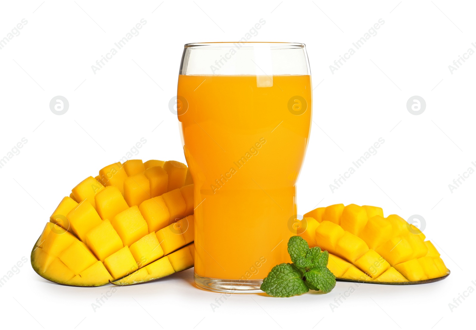 Photo of Fresh tropical mango juice and fruits, isolated on white