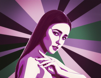 Image of Illustration of beautiful young model on color background. Contemporary art 