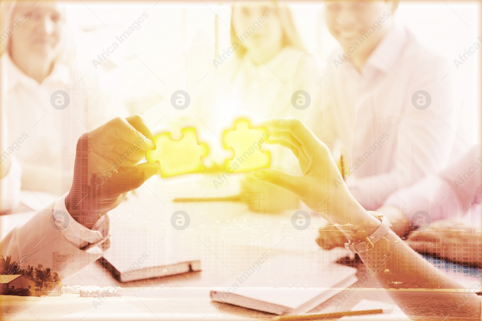 Image of Double exposure of people with puzzle and cityscape