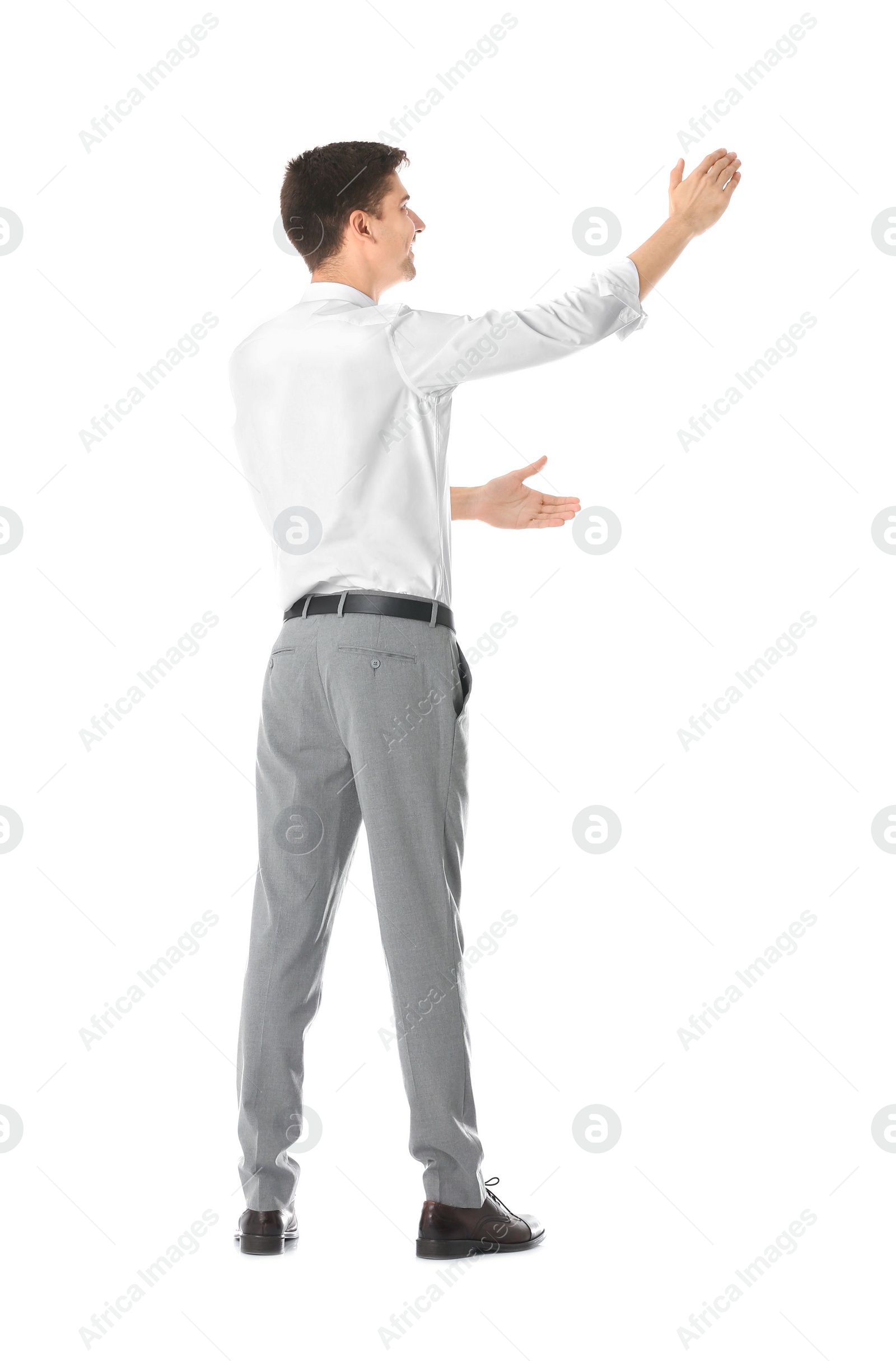 Photo of Business trainer explaining seminar on white background