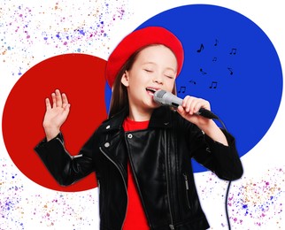 Singer's performance poster. Little girl with microphone on bright background
