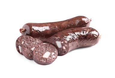 Cut and whole tasty blood sausages on white background