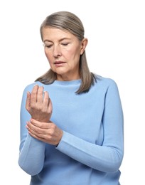 Photo of Arthritis symptoms. Woman suffering from pain in wrist on white background