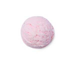 Scoop of tasty pink ice cream isolated on white, top view