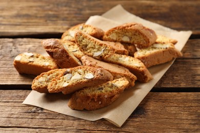 Traditional Italian almond biscuits (Cantucci) on wooden table