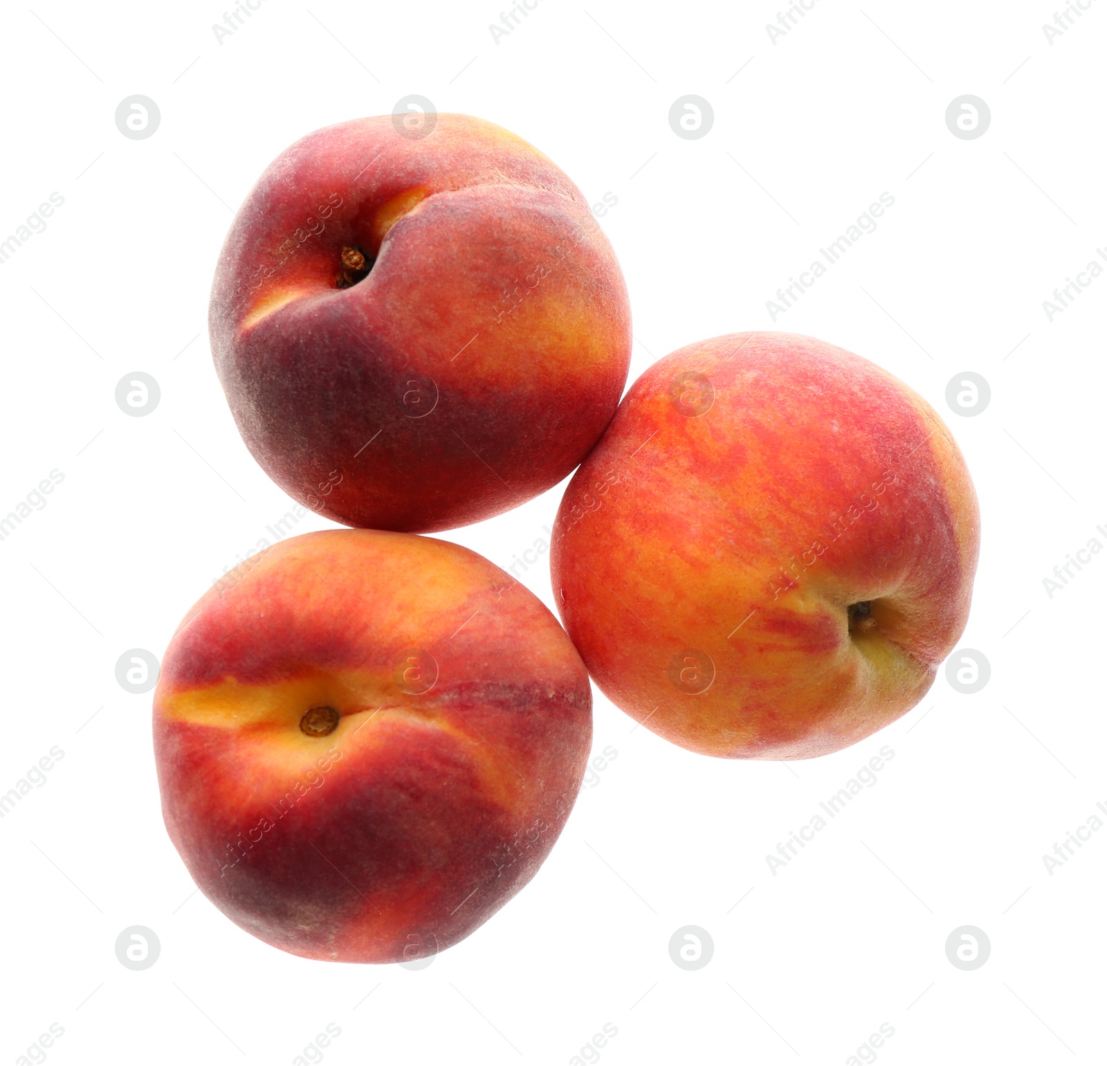 Photo of Delicious ripe juicy peaches isolated on white, top view