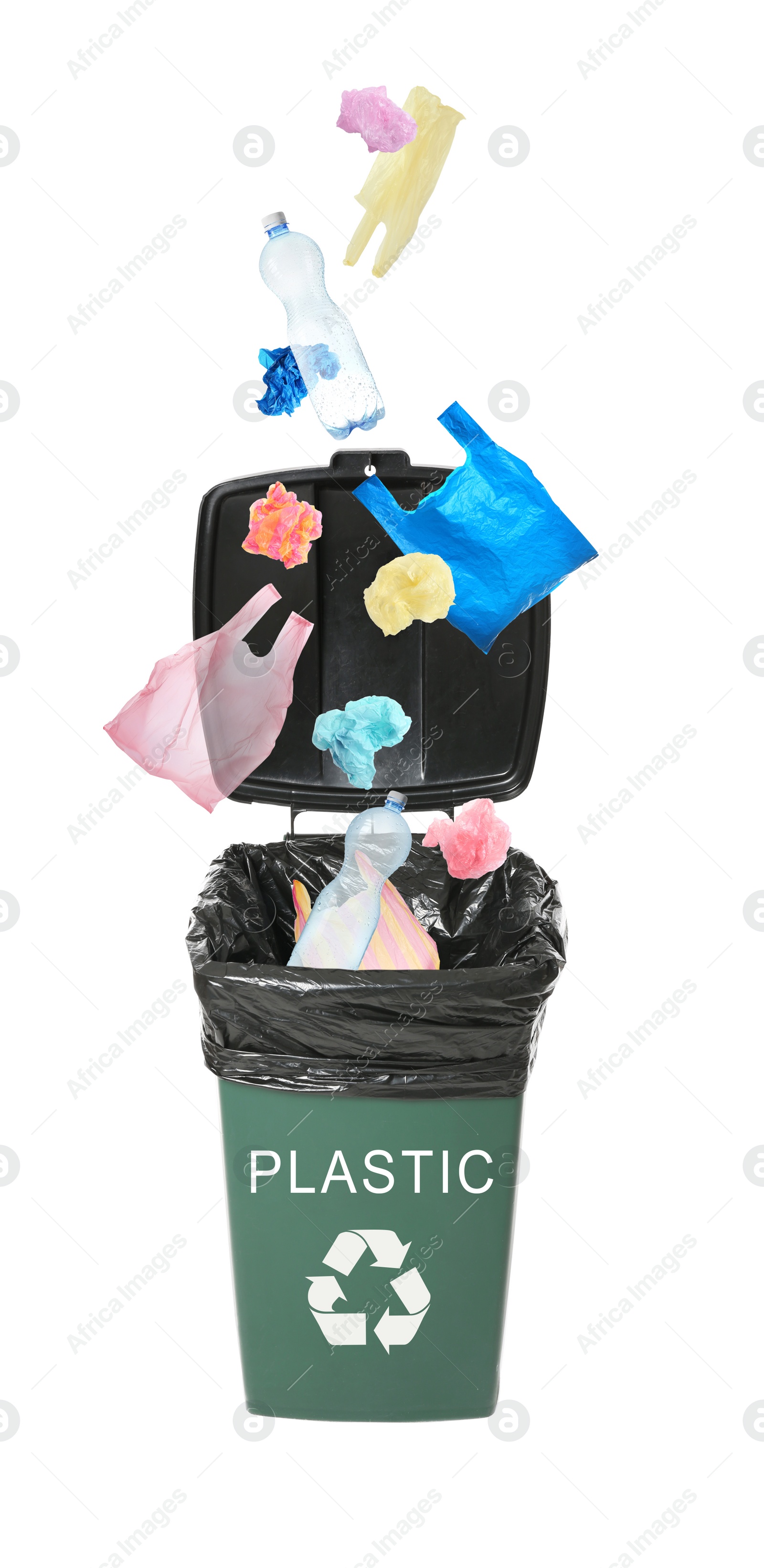 Image of Different plastic garbage falling into trash bin. Waste management and recycling