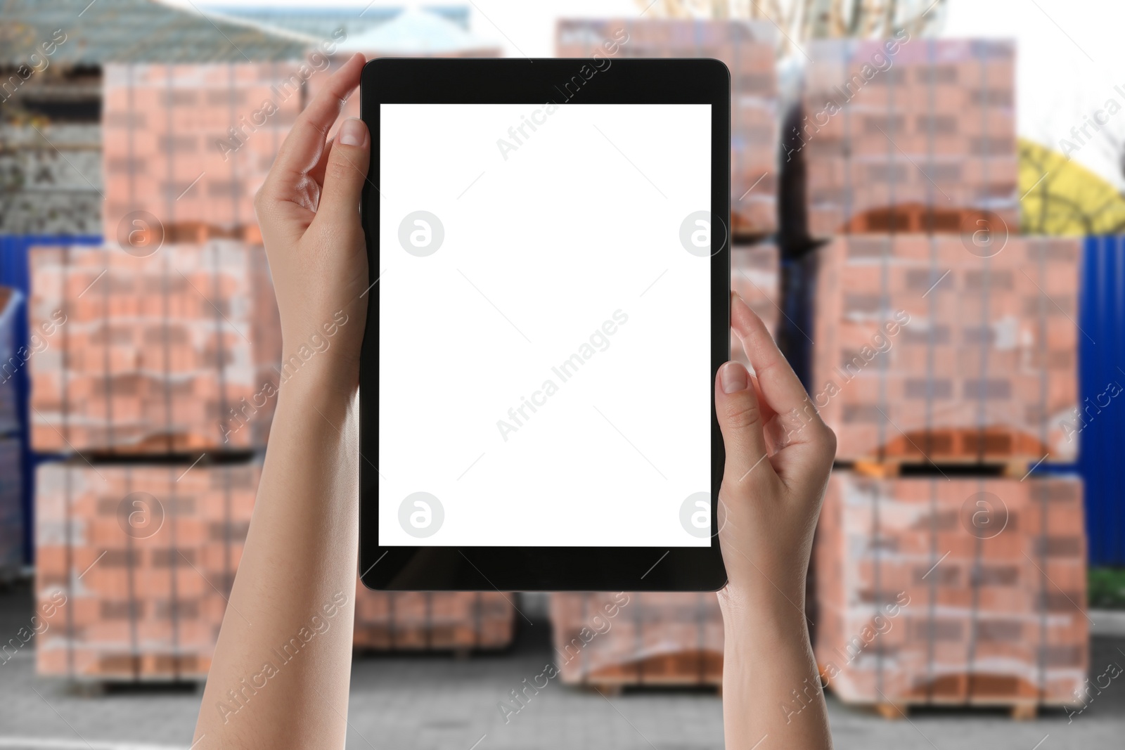 Image of Wholesale trading. Woman using WMS app on tablet at warehouse, closeup 