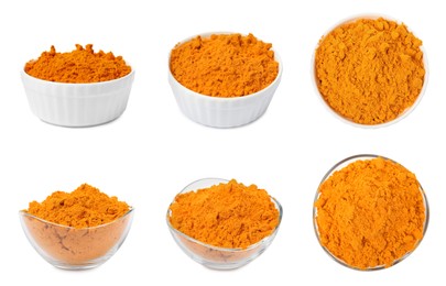 Image of Set with saffron powder on white background