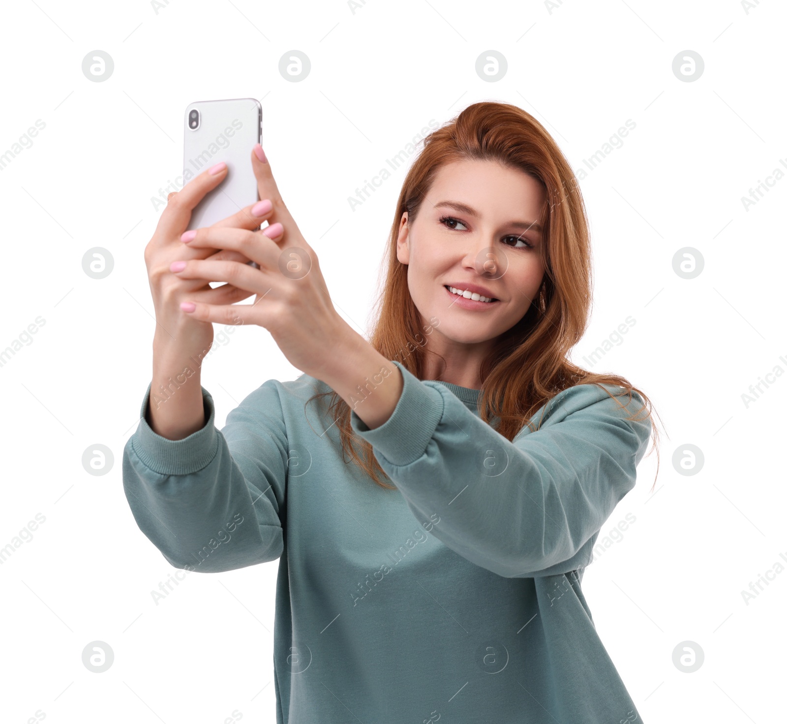 Photo of Beautiful woman taking selfie on white background