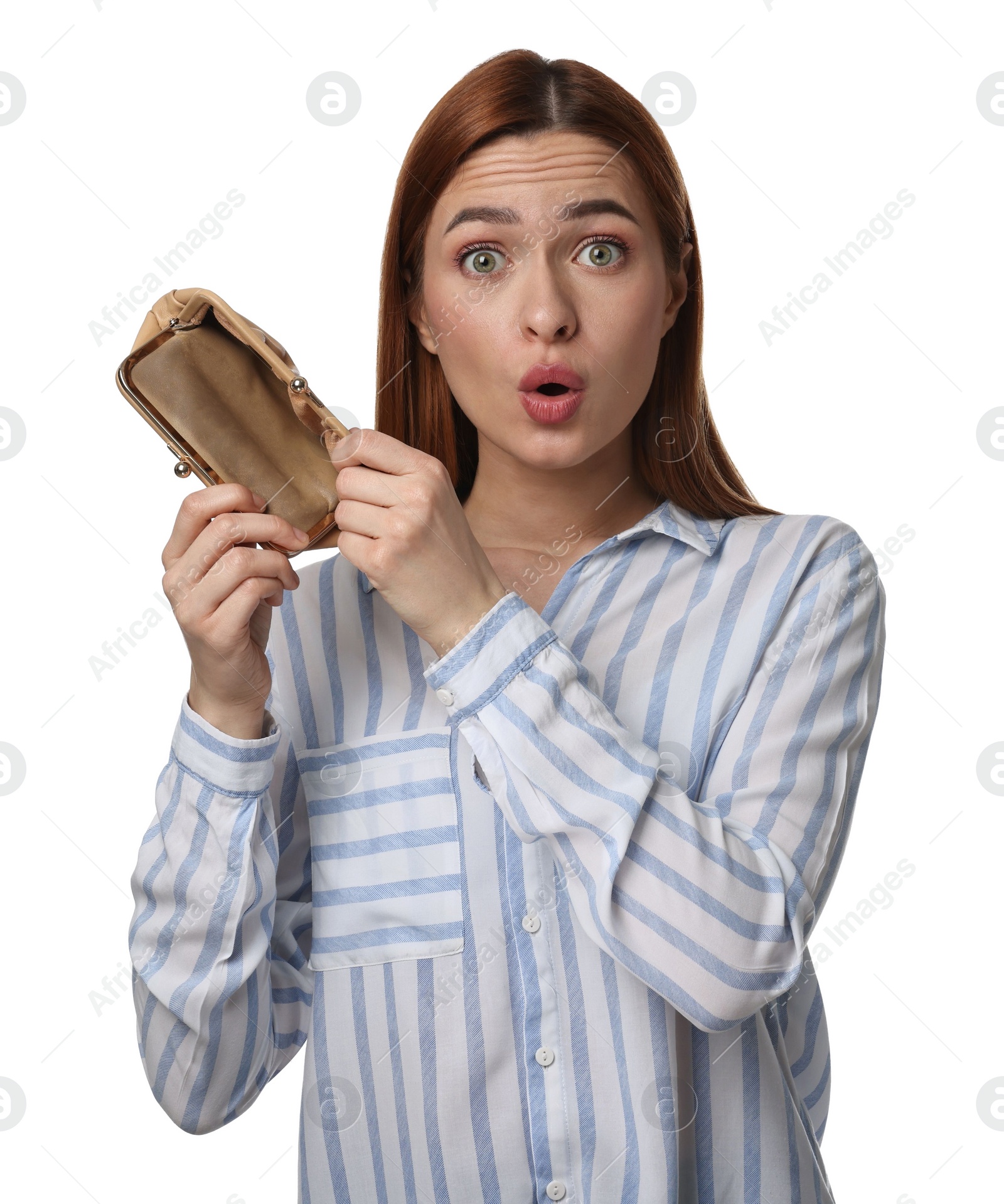 Photo of Confused woman with empty wallet on white background