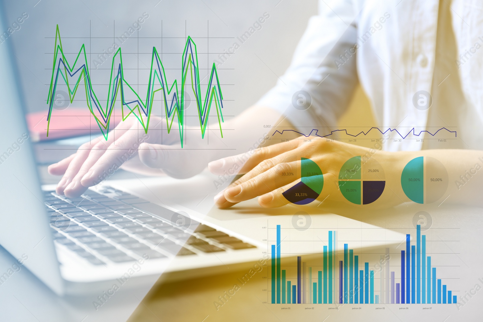 Image of Forex trading. Woman working with laptop at table and charts, closeup