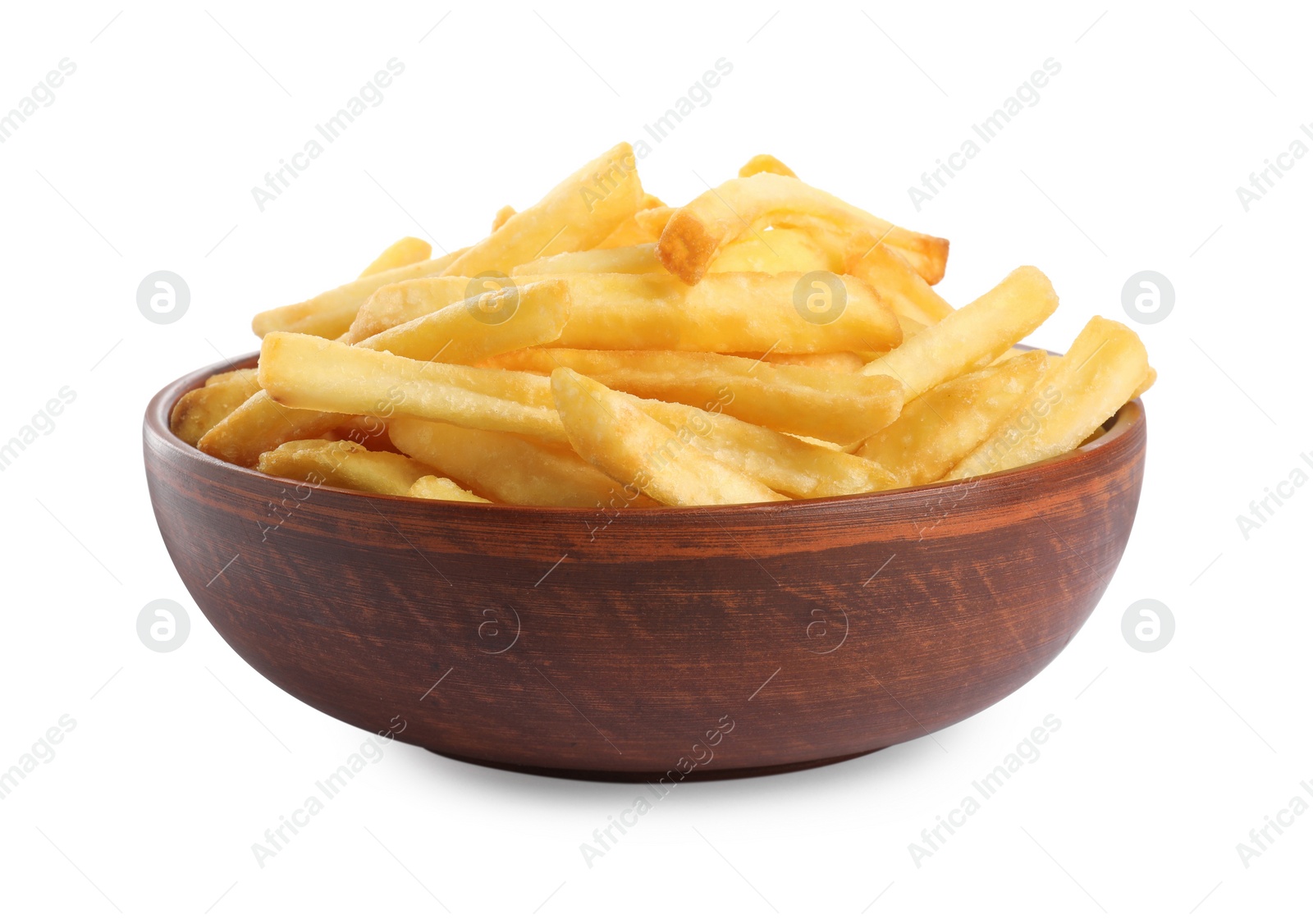 Photo of Bowl of delicious french fries on white background