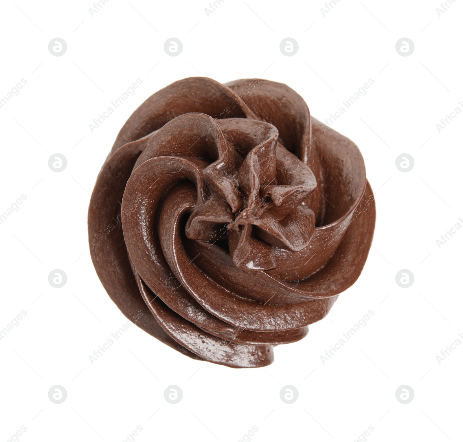 Photo of Delicious chocolate cupcake with cream isolated on white, top view