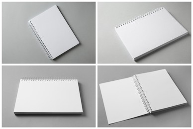 Open blank brochures on grey background, collage