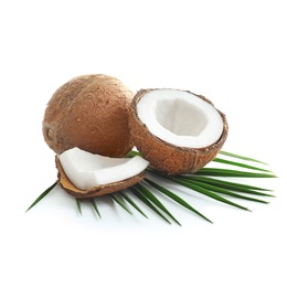 Photo of Ripe coconuts on white background