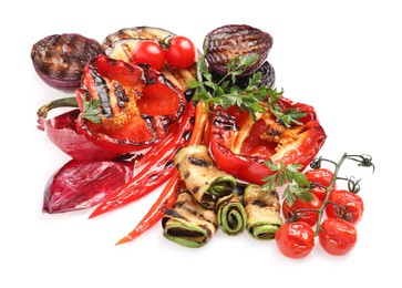 Photo of Different delicious grilled vegetables isolated on white