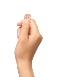 Photo of Young woman holding coin on white background, closeup view