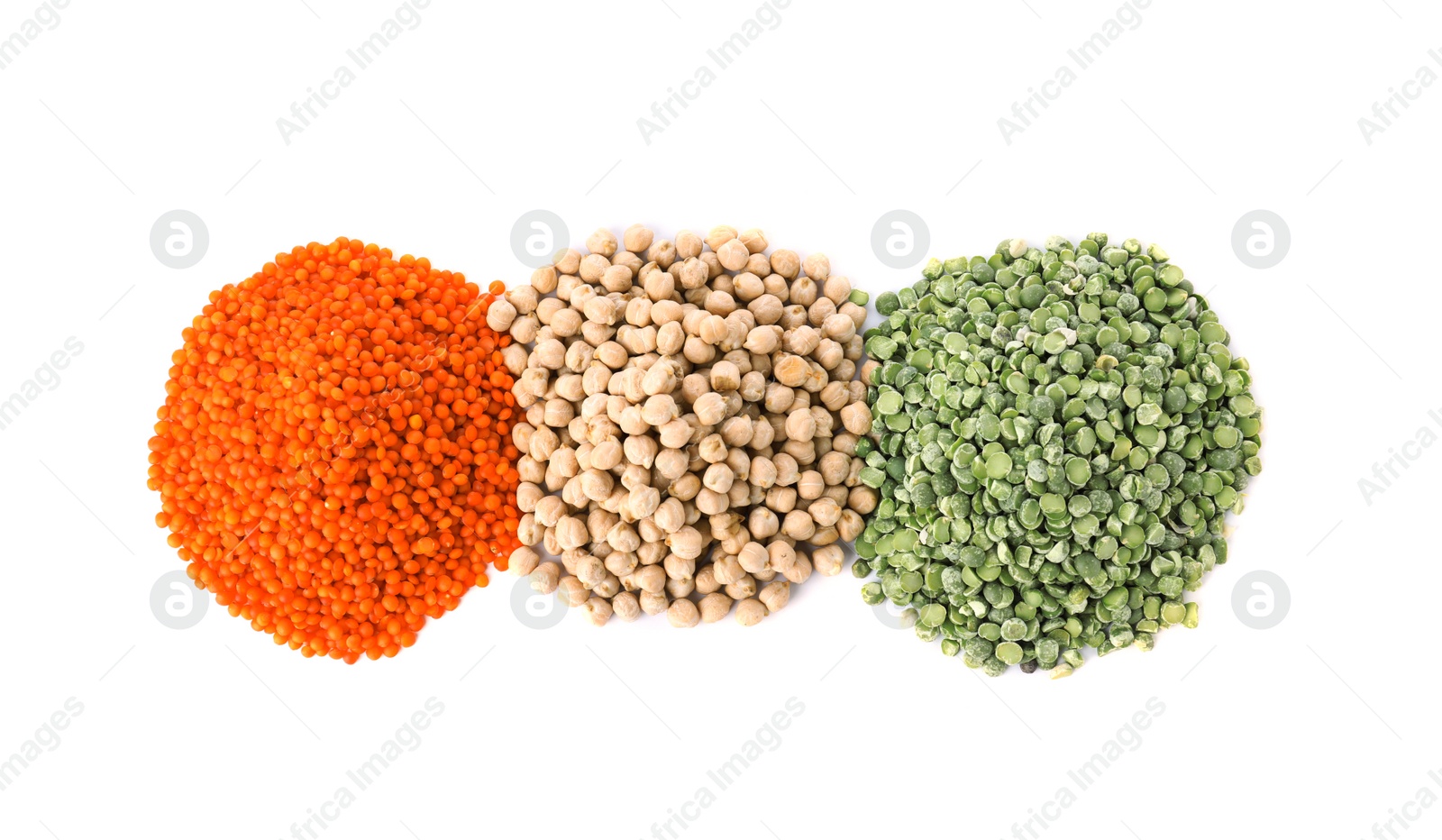 Photo of Different types of legumes on white background, top view. Organic grains