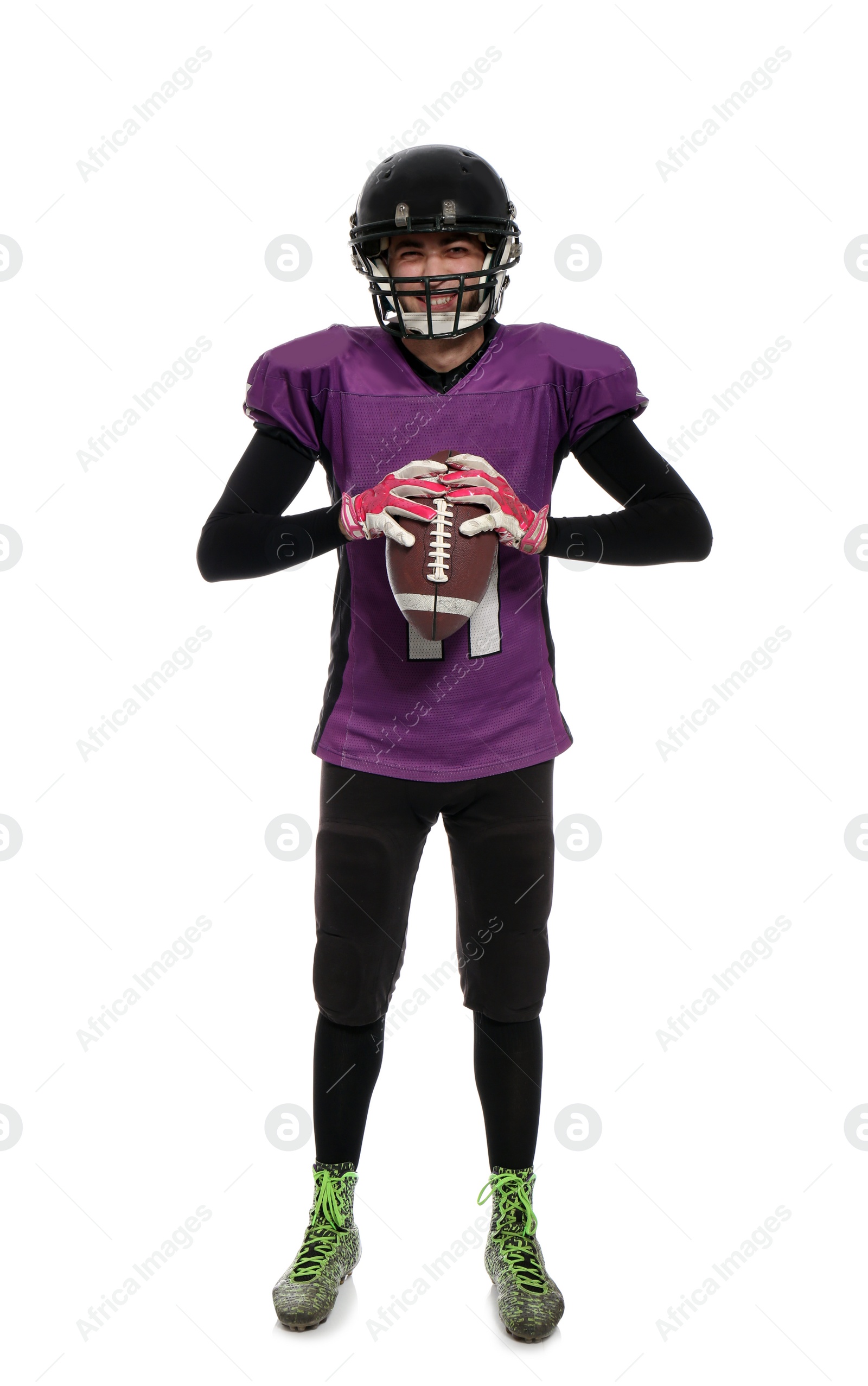 Photo of American football player with ball on white background