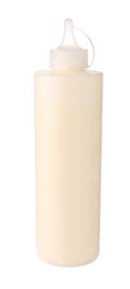 Photo of Plastic bottle of tasty mayonnaise isolated on white