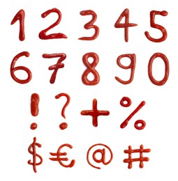 Numbers and different symbols made of ketchup on white background