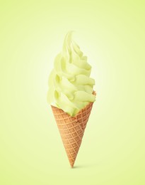 Image of Tasty ice cream in waffle cone on pastel green yellow background. Soft serve