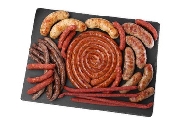 Photo of Different delicious sausages on white background, top view. Assortment of beer snacks
