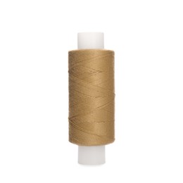 Photo of Spool of dark beige sewing thread isolated on white