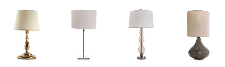 Set with stylish night lamps on white background. Banner design