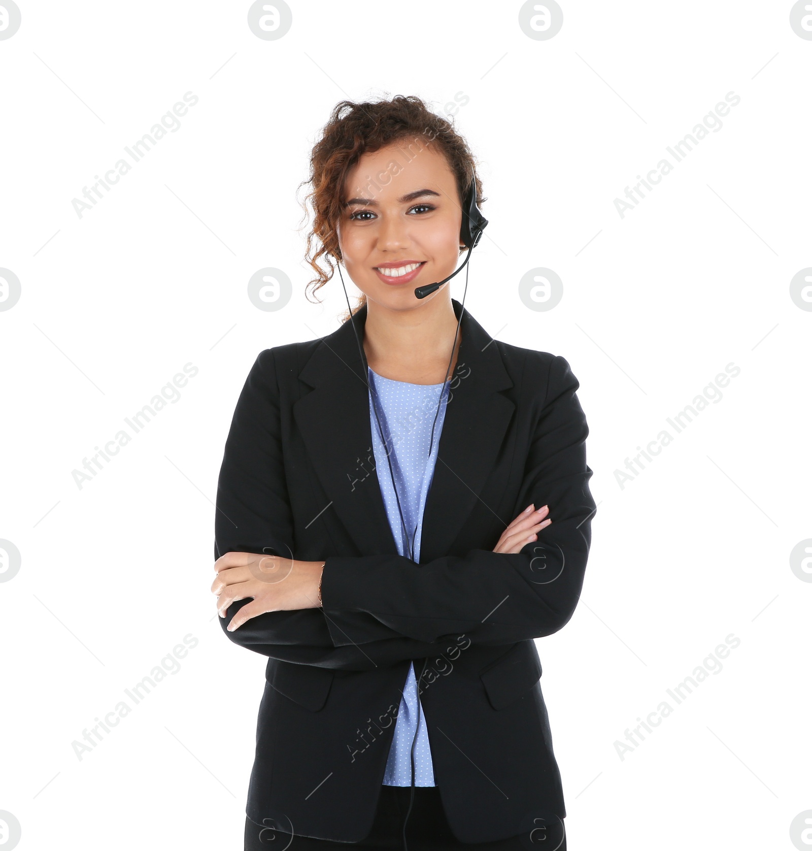 Photo of African-American technical support operator with headset isolated on white