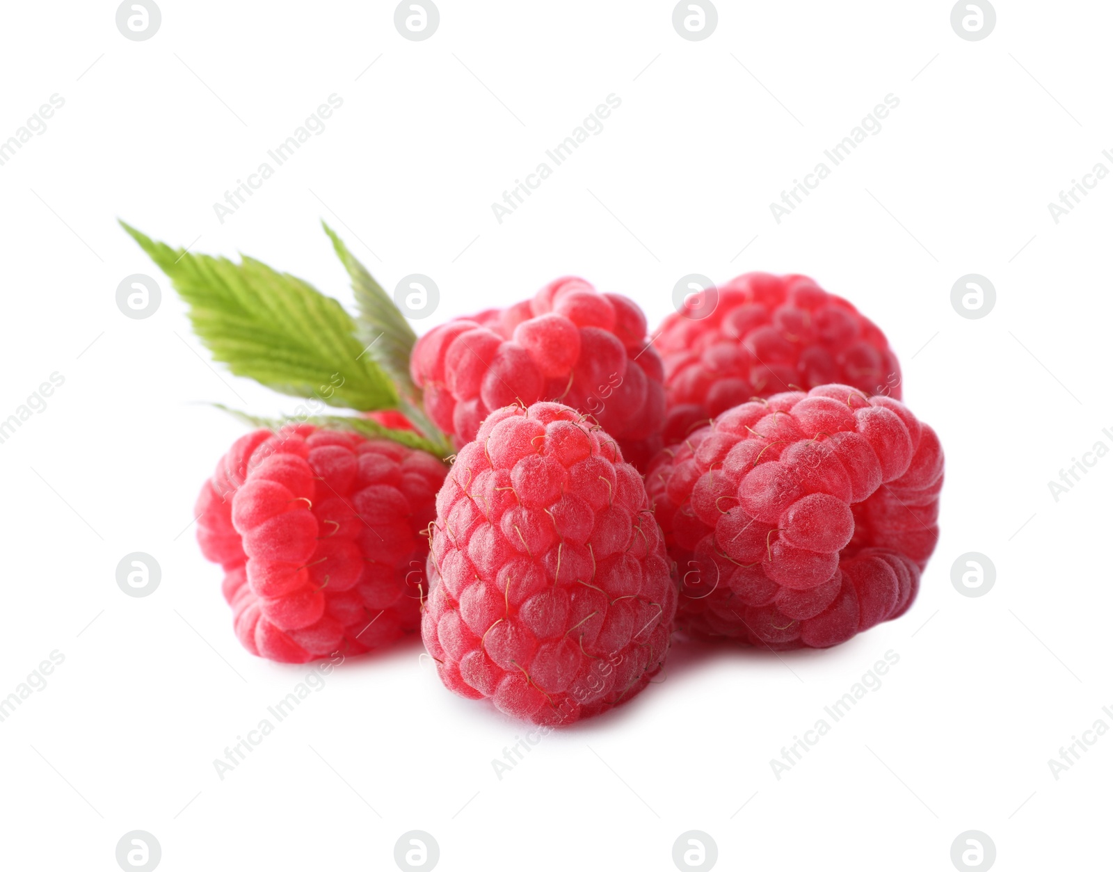 Photo of Pile of fresh ripe raspberries with leaves isolated on white