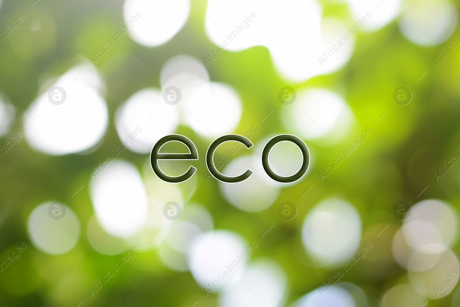 Image of Word ECO on blurred green background. Bokeh effect