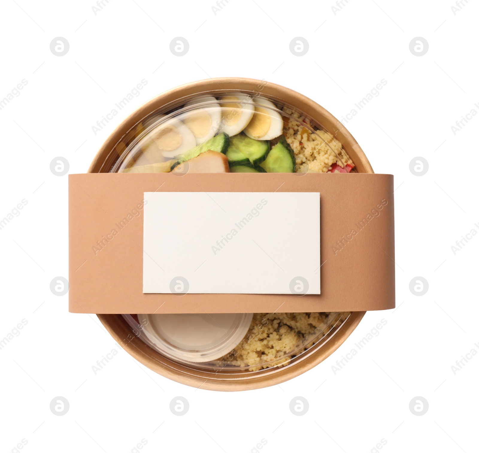 Photo of Tasty food in container isolated on white, top view