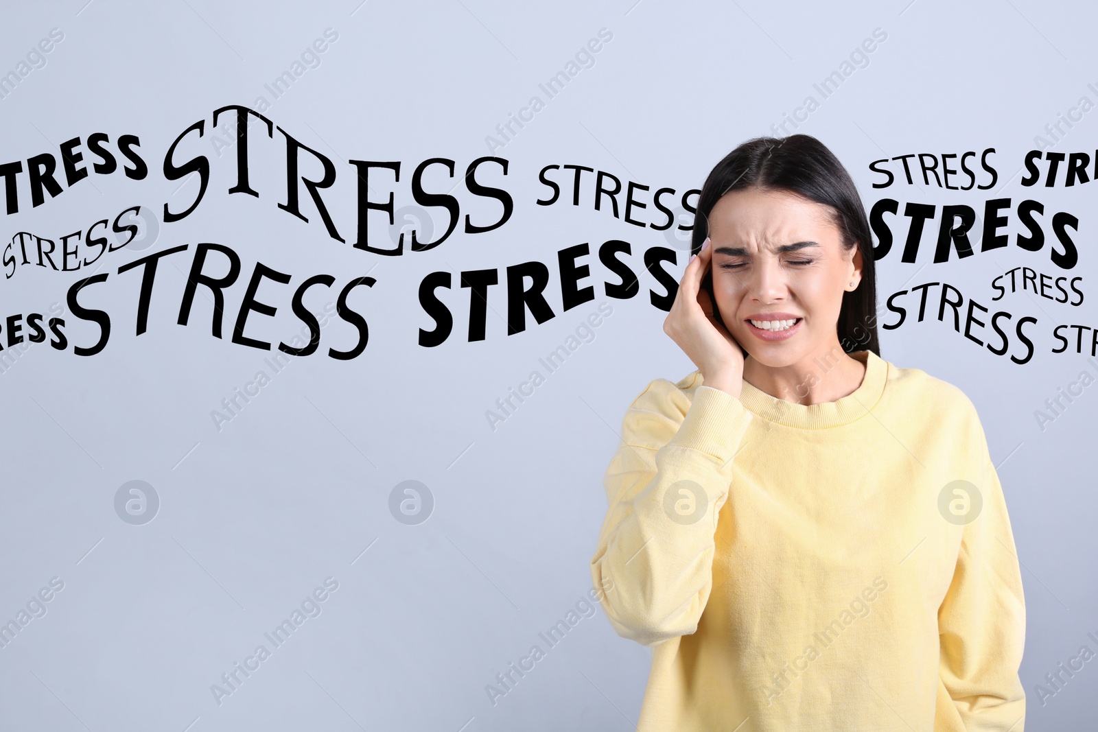 Image of Stressed young woman and text on light grey background