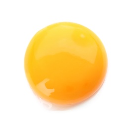 Photo of Raw chicken egg yolk on white background, top view