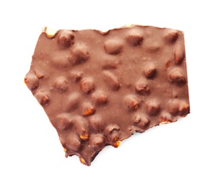 Photo of Delicious milk chocolate with nuts on white background