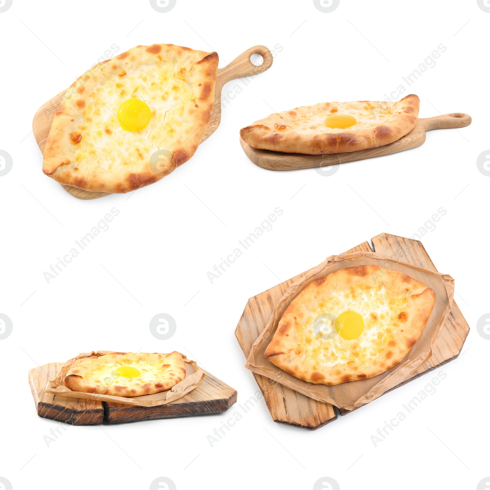 Image of Collage of tasty Adjarian khachapuris on white background, top and side views