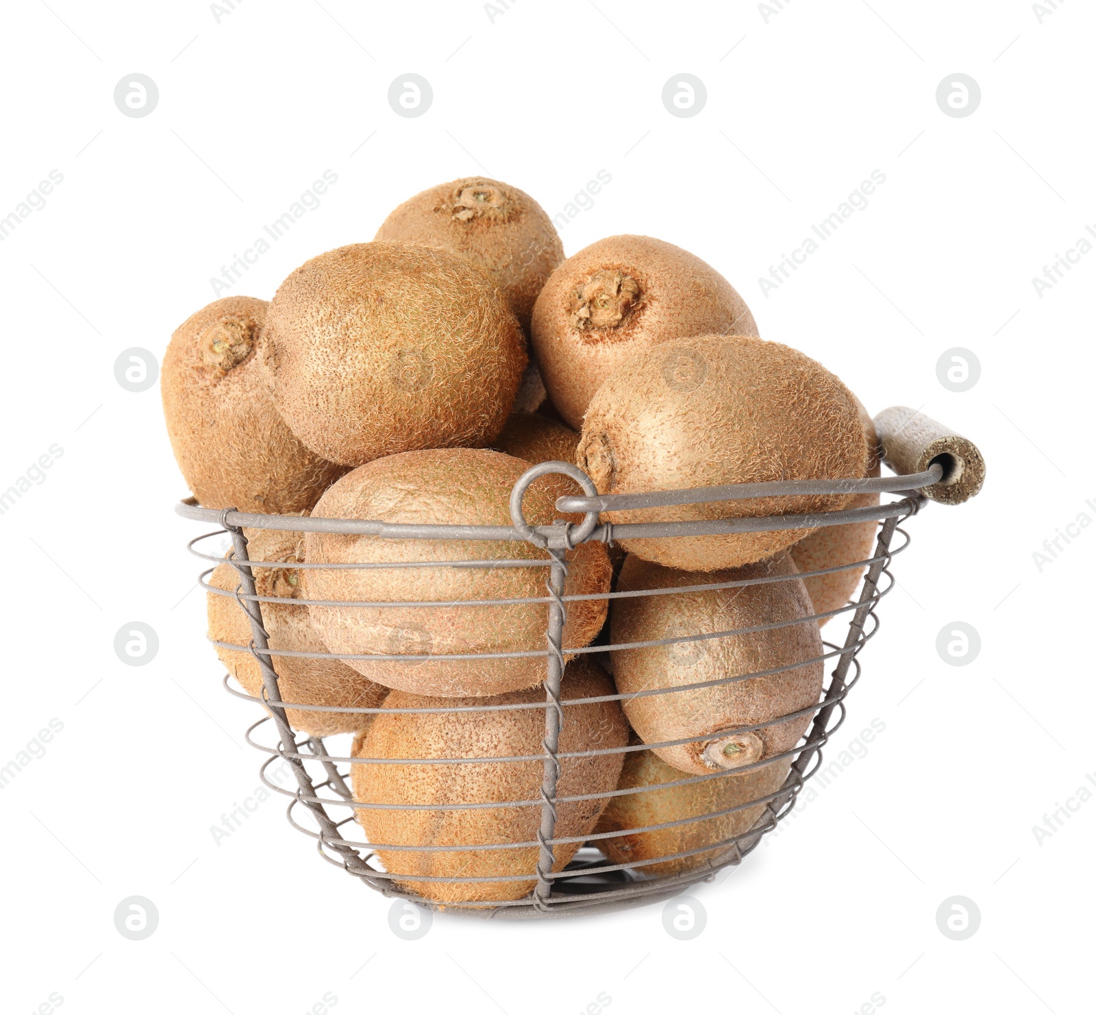 Photo of Whole fresh kiwis in metal basket isolated on white