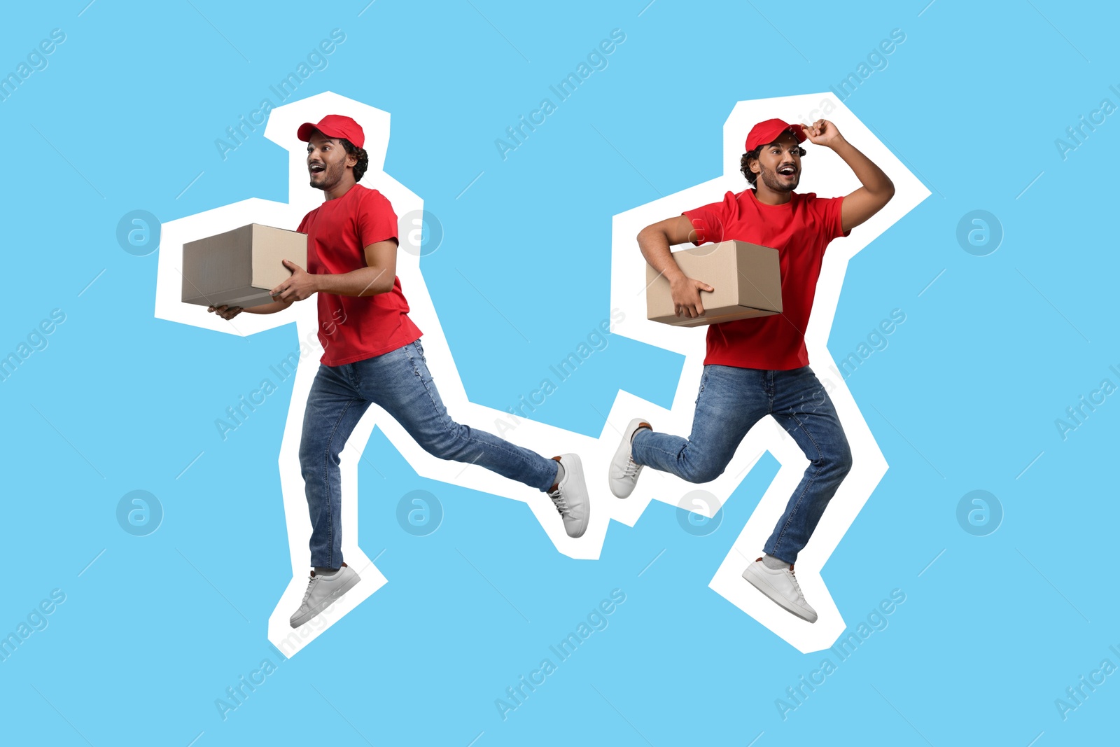 Image of Surprised courier with parcels running on light blue background