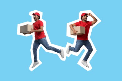 Surprised courier with parcels running on light blue background